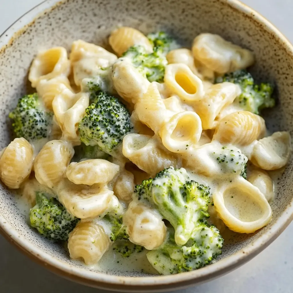 Ein Teller mit Macaroni und Brokkoli in cremiger Sauce.