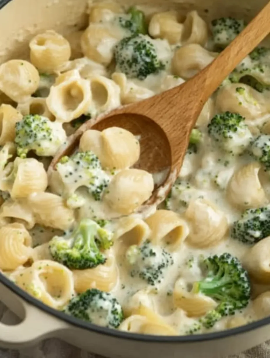 Ein Holzlöffel steckt in einer Schüssel Pasta mit Brokkoli.