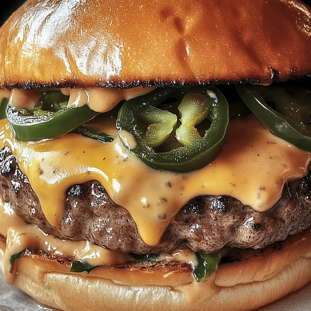 Ein Burger mit Jalapeños und geschmolzenem Käse.