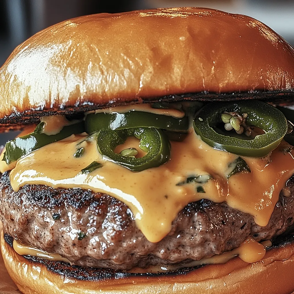 Nahaufnahme von einem Burger mit Jalapeños und Käse.