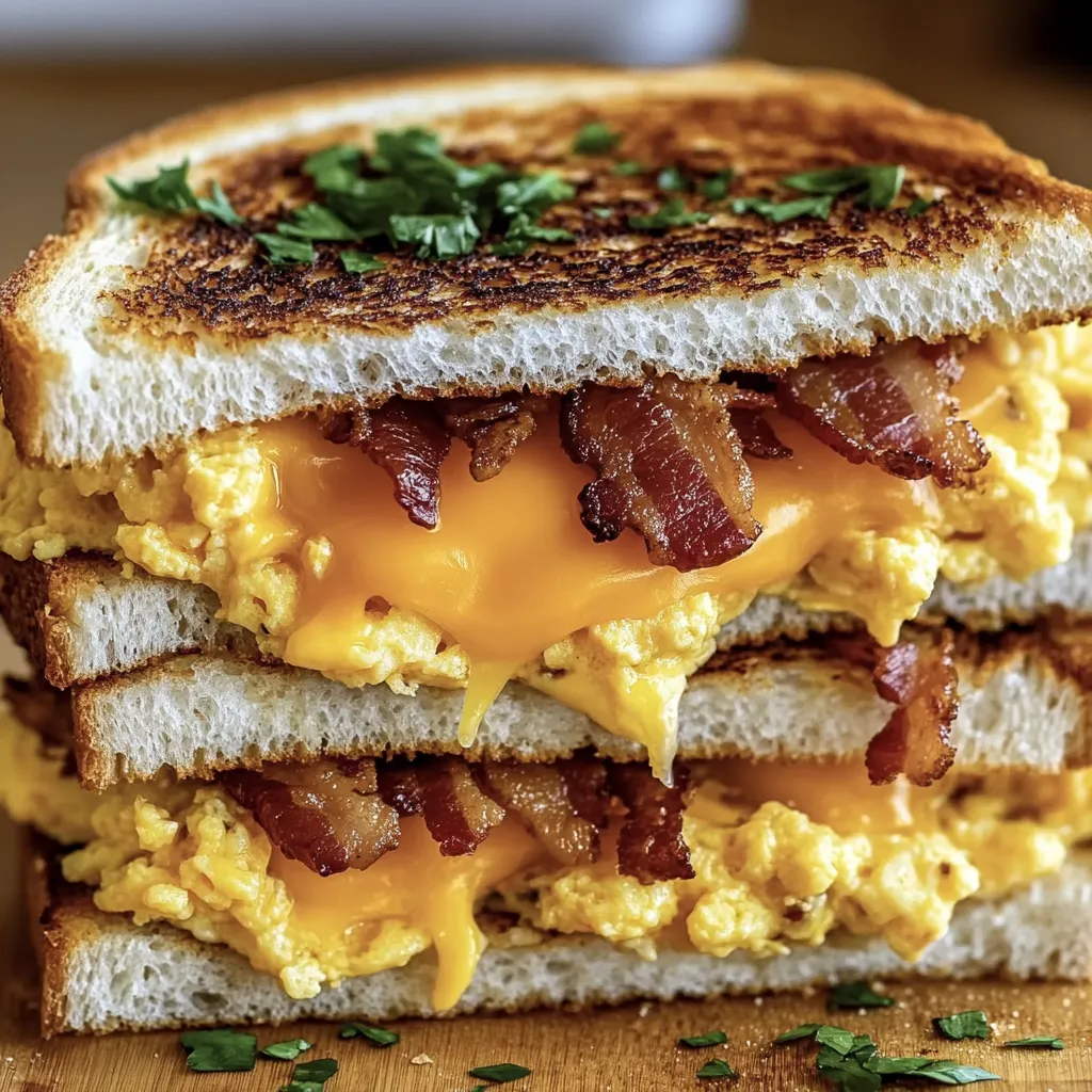 Ein Stapel Sandwiches mit Ei und Bacon.