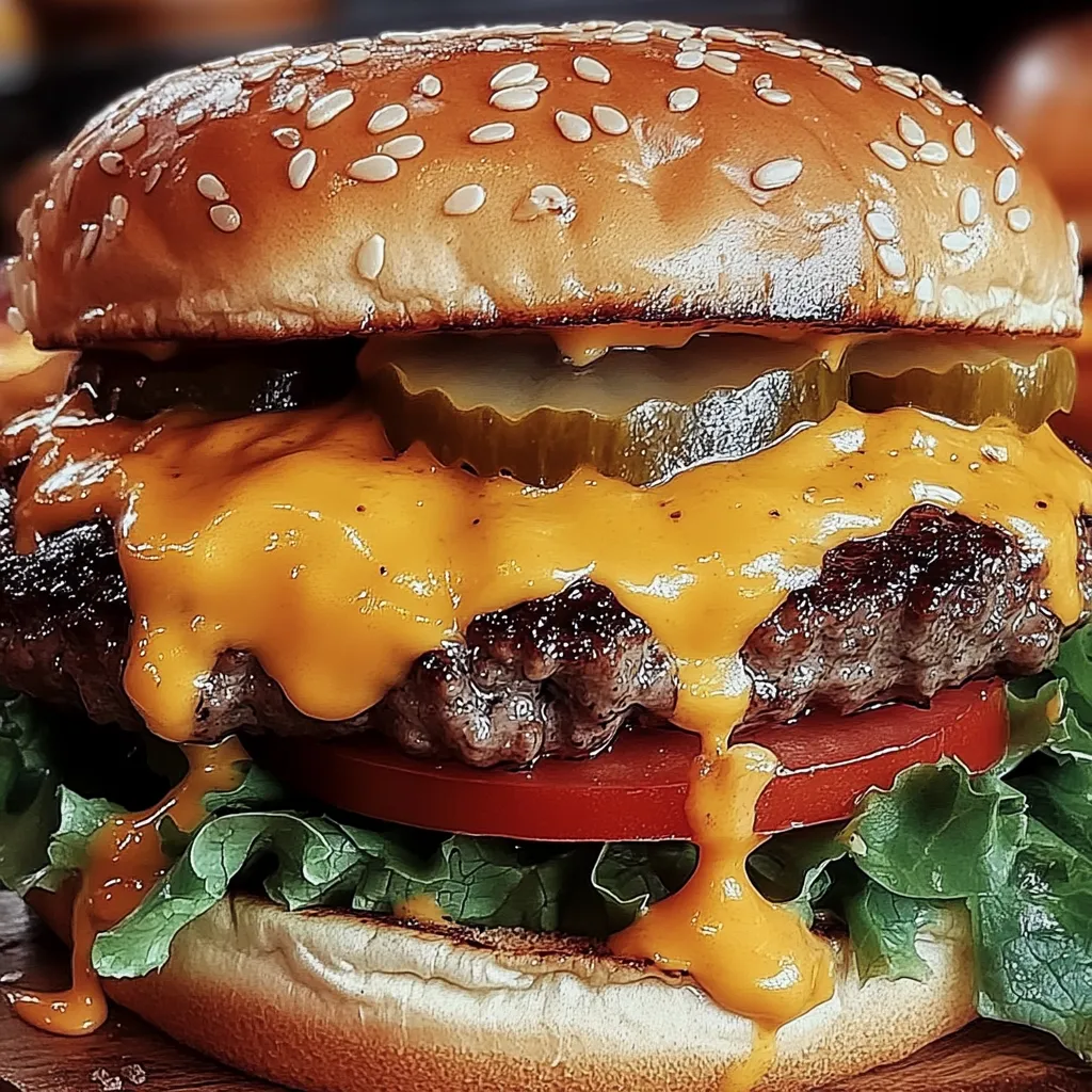 Ein saftiger Cheeseburger mit Gewürzgurke und Salat in Nahaufnahme.