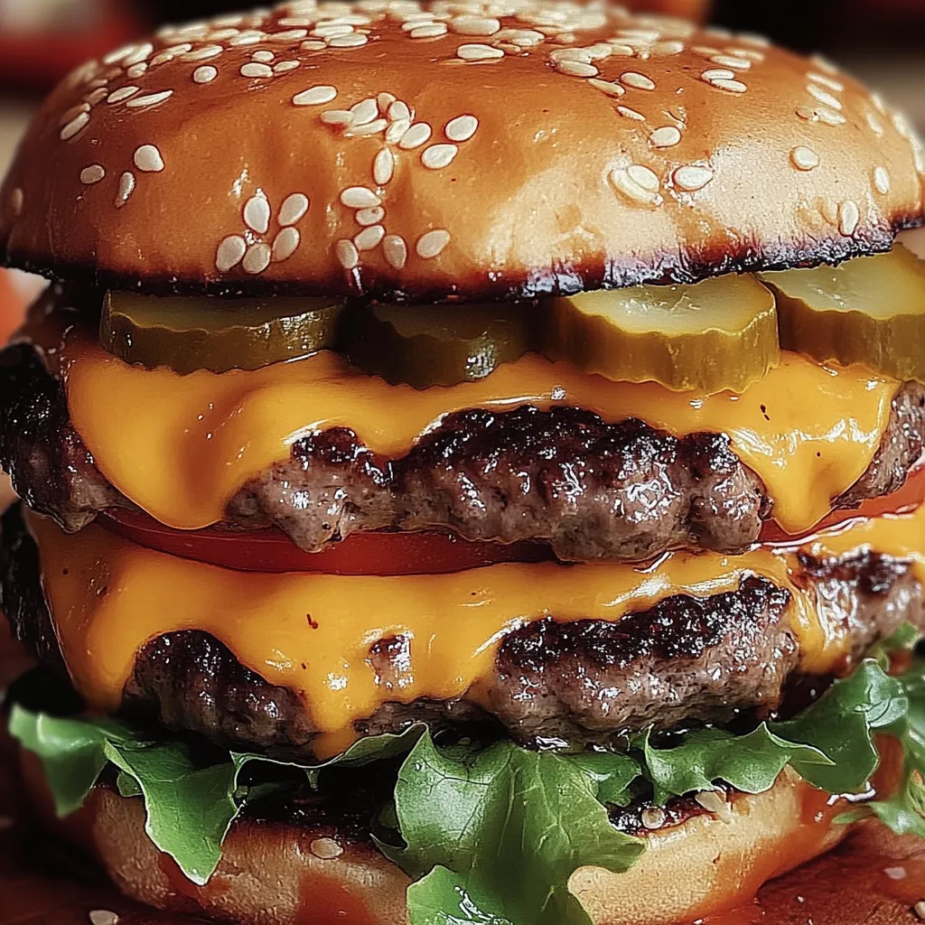 Nahaufnahme von einem Hamburger mit Salat und Gewürzgurken.