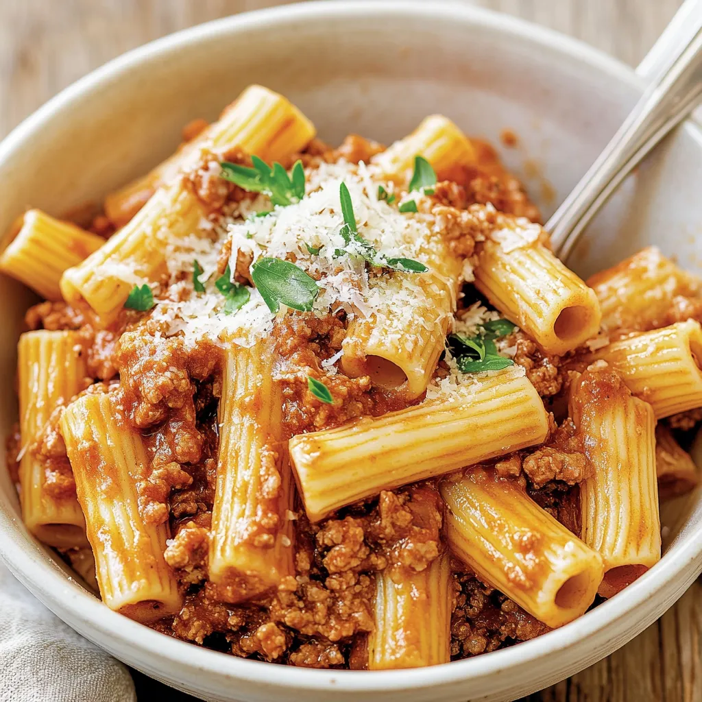 Eine Schüssel Nudeln mit würziger Fleischsauce.