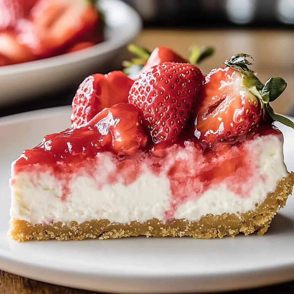 Ein Stück Käsekuchen, oben frische Erdbeeren.