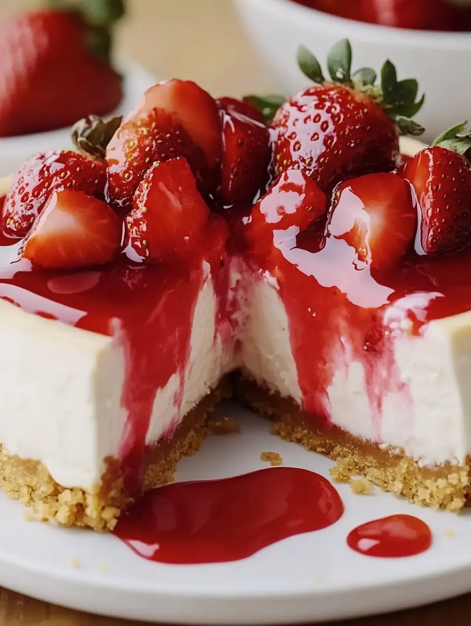 Ein Stück Kuchen mit Erdbeeren oben drauf.