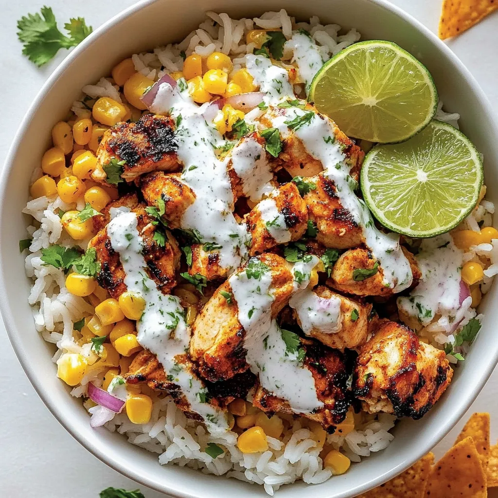 Eine Schale mit Reis und Huhn, oben drauf Limettenstücke.