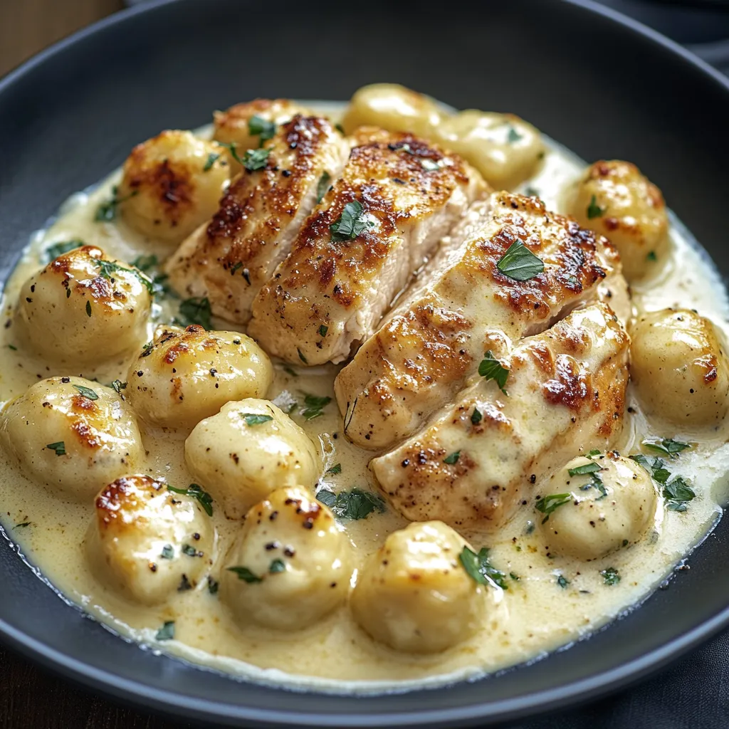 Ein Teller mit Hähnchen und Kartoffelklößchen.