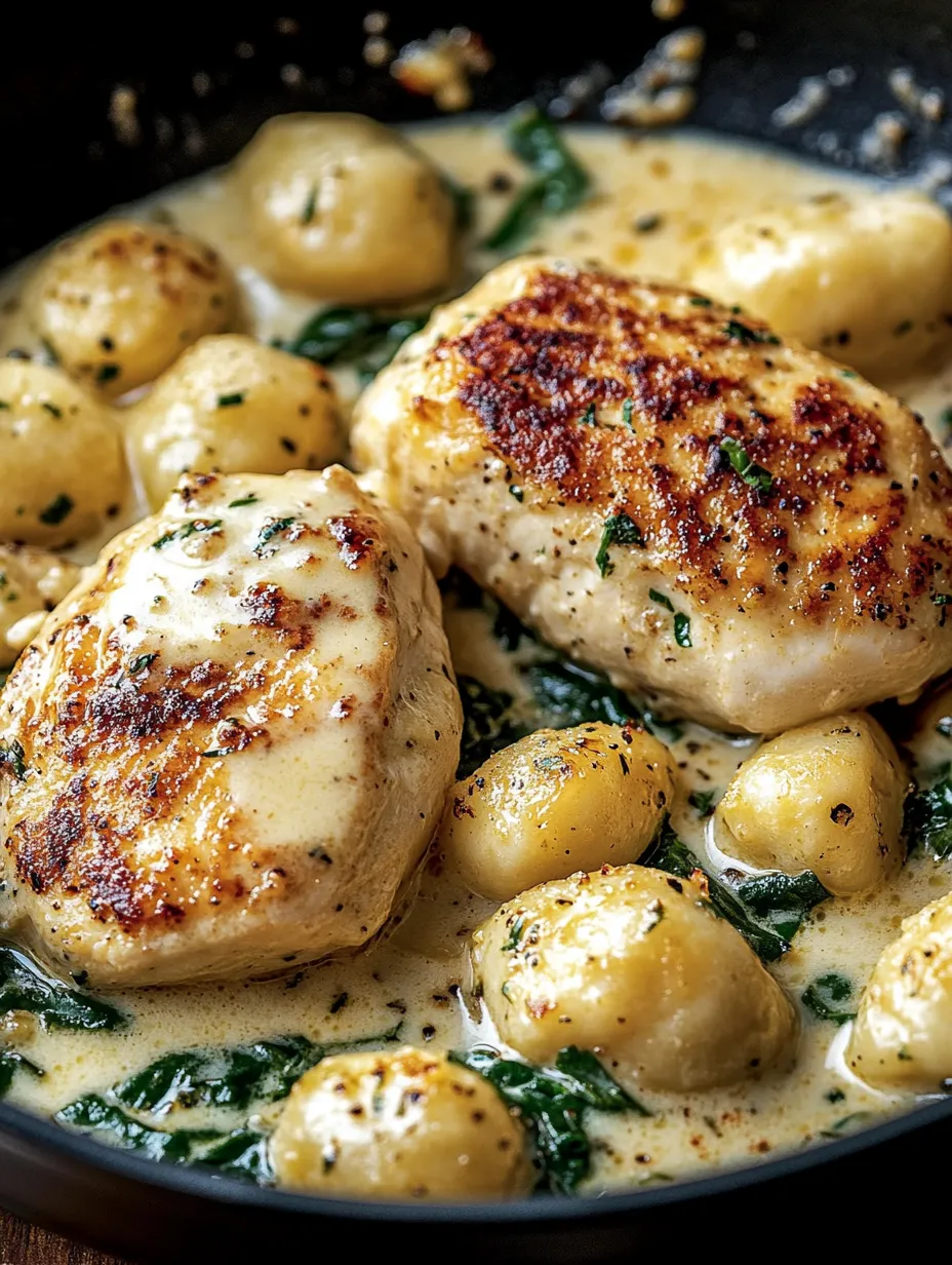 Hähnchen mit Kartoffelklößen in cremiger Soße.