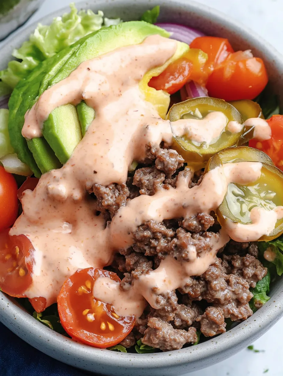 Eine Schüssel mit Salat, Hackfleisch und Dressing.