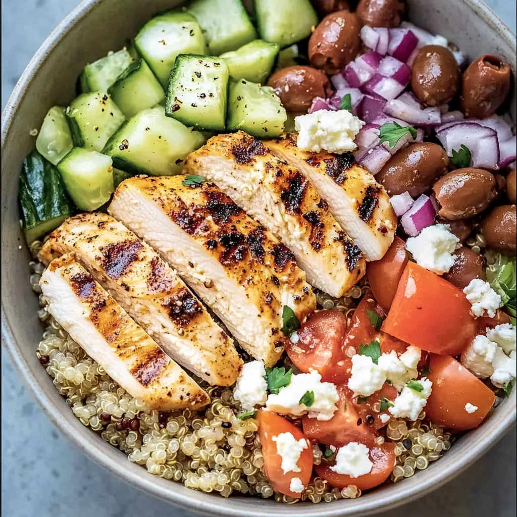 Eine Bowl mit Hähnchen, Tomaten, Gurken, Oliven und Feta.
