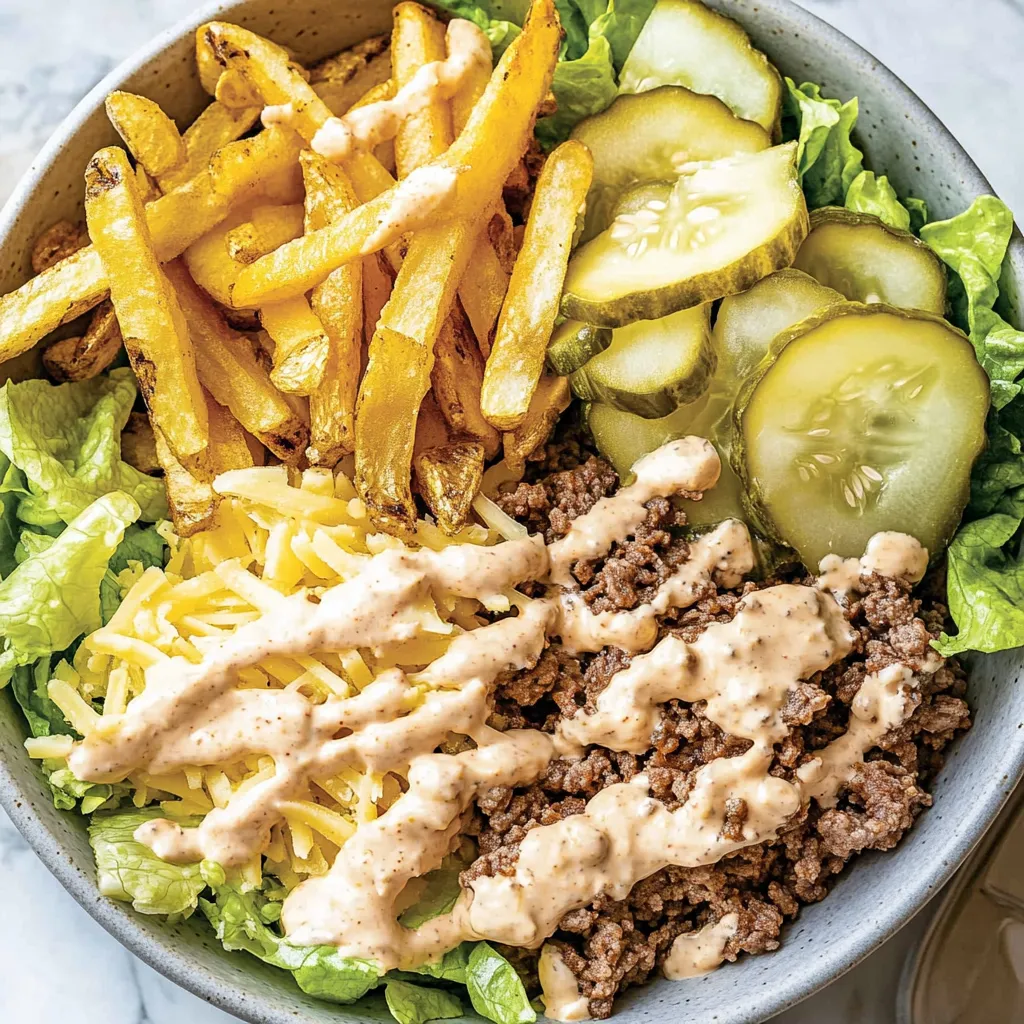 Eine Schale mit Pommes, Salat und Essiggurken.