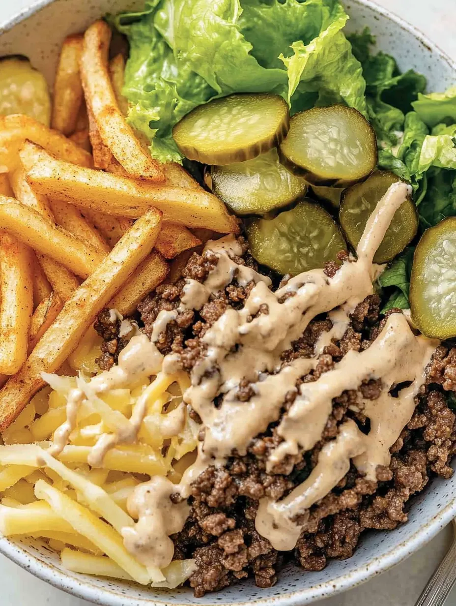 Ein Teller mit Pommes, Fleisch und einer Essiggurke.
