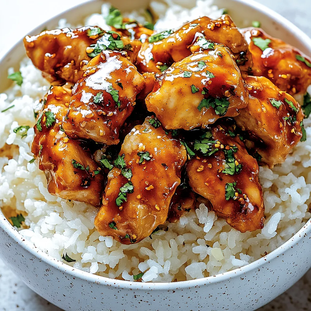 Schüssel Reis mit Huhn und leckerer Sauce.