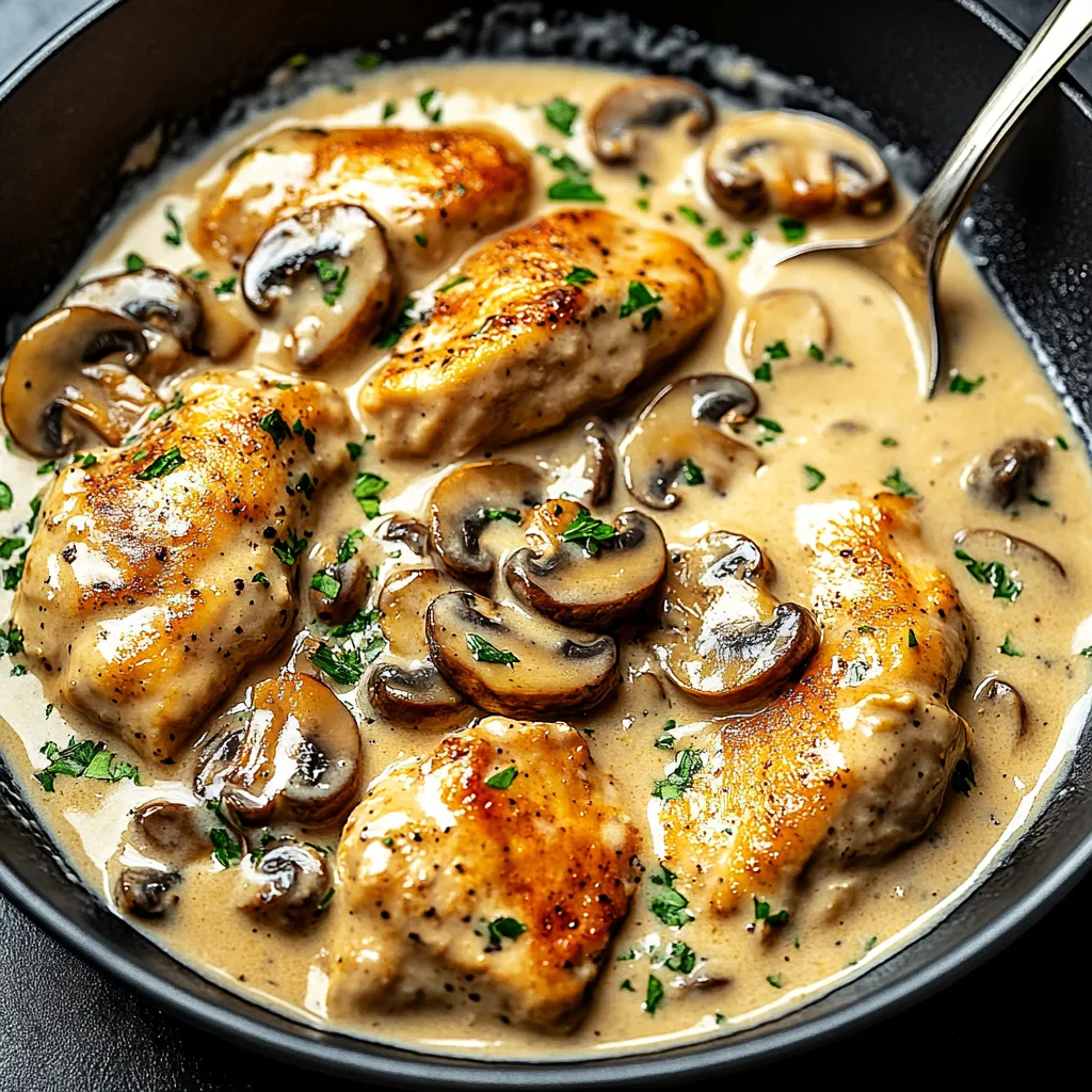 Eine Schale Hähnchen mit Pilzen und Kräutern.