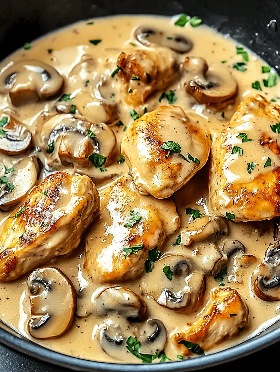 Hähnchen mit brauner Pilzsoße in der Pfanne.