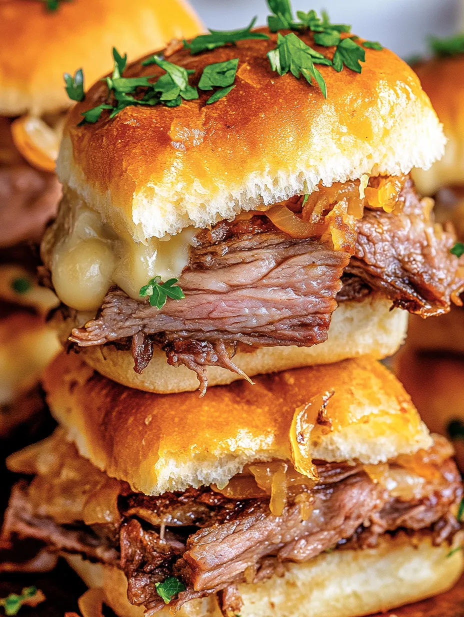 Ein Stapel kleiner Sandwiches mit Fleisch und Zwiebeln.