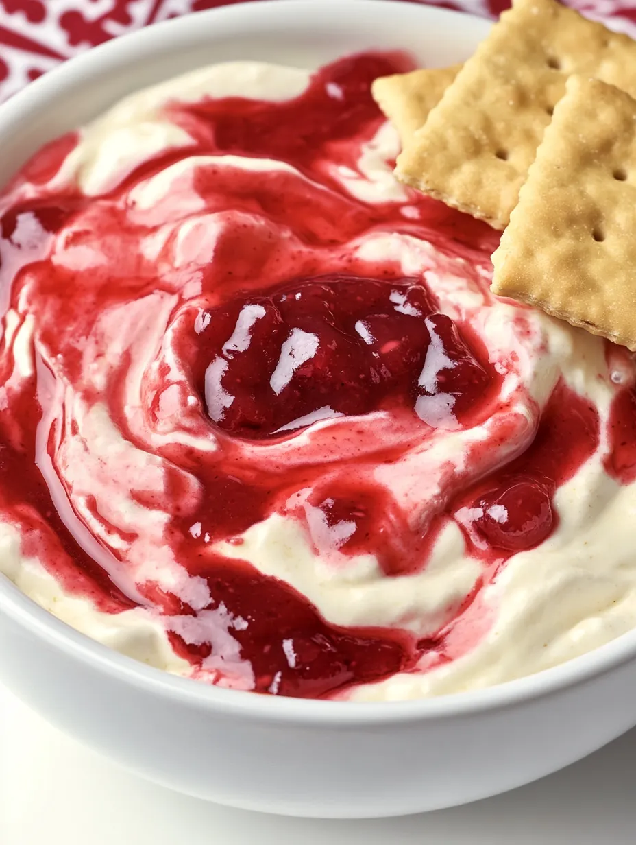 Eine Schale roter Götterspeise mit Crackern oben drauf.