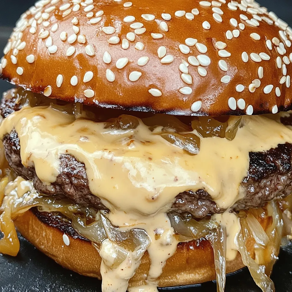 Nahaufnahme von einem Burger mit Käse und Zwiebeln.
