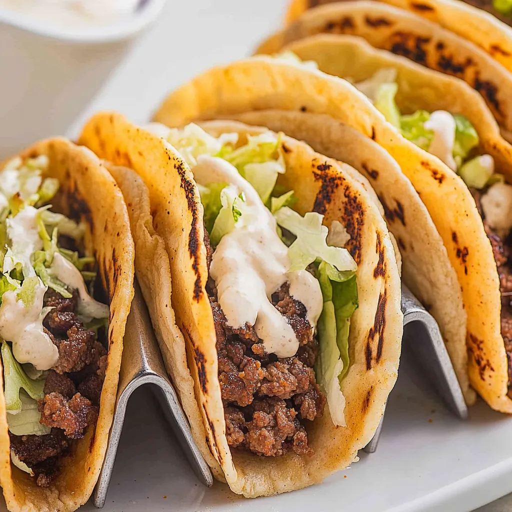 Ein Teller mit Tacos und weißer Soße.
