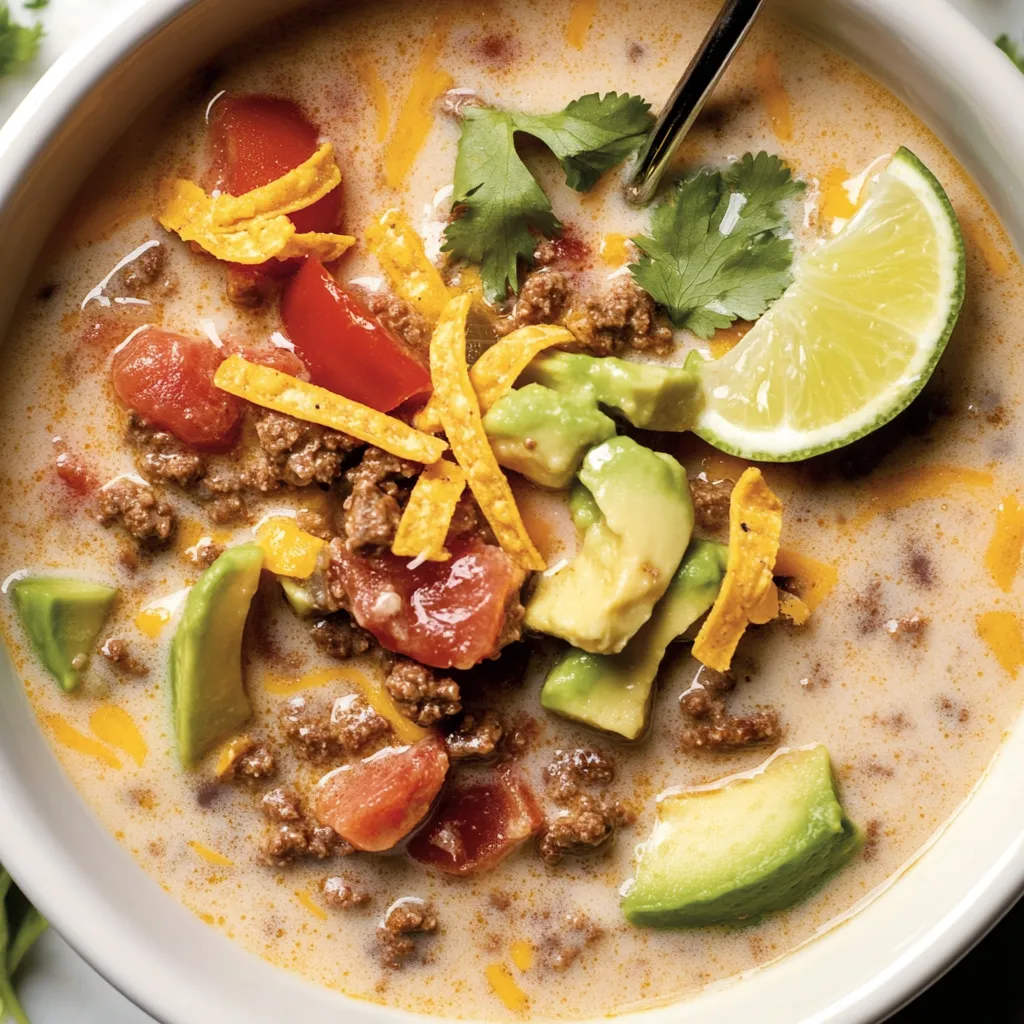 Eine Schüssel Suppe mit Fleisch, Tomaten, Avocado und Limette.
