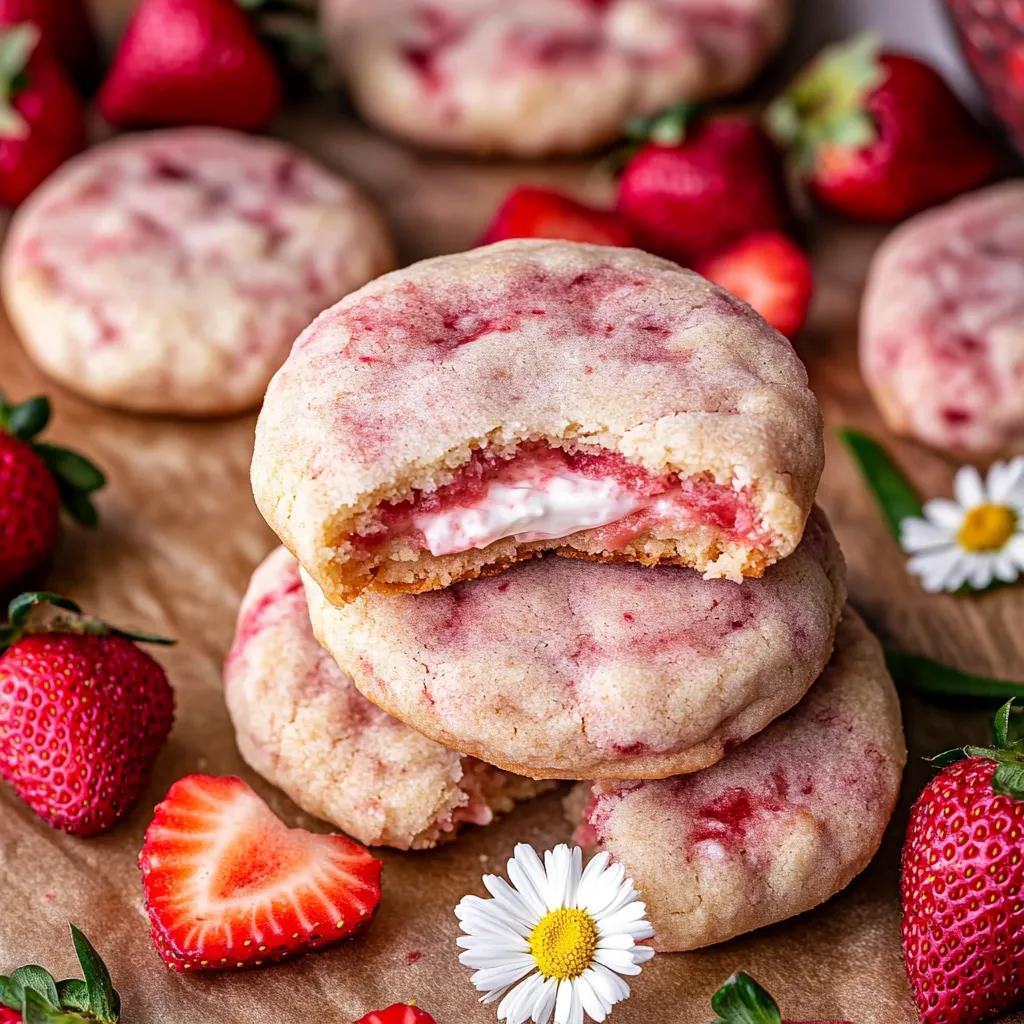 Ein Keks mit weißem Topping und roten Erdbeeren.