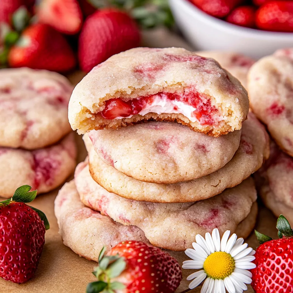Ein Stapel Cookies mit Erdbeeren obendrauf.