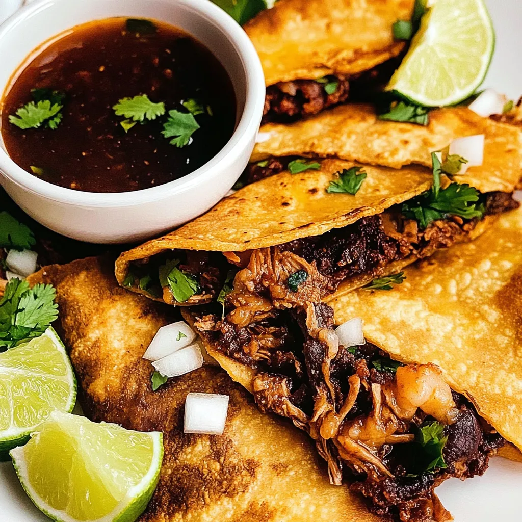 Ein Teller knusprige Tacos neben einer Schale Salsa.