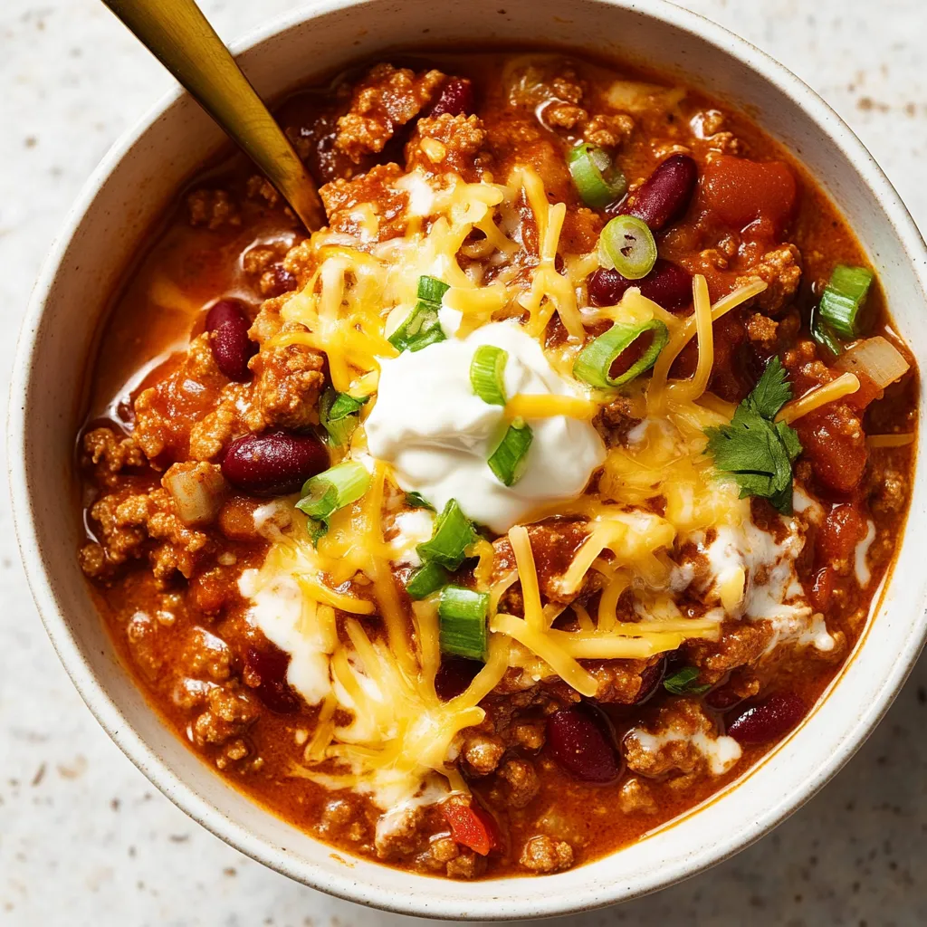 Eine Schüssel Chili mit Löffel drin.