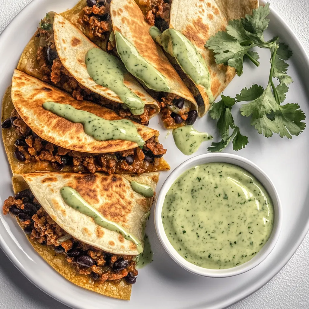 Ein weißer Teller mit zwei Tacos und einem Schälchen Sauerrahm.