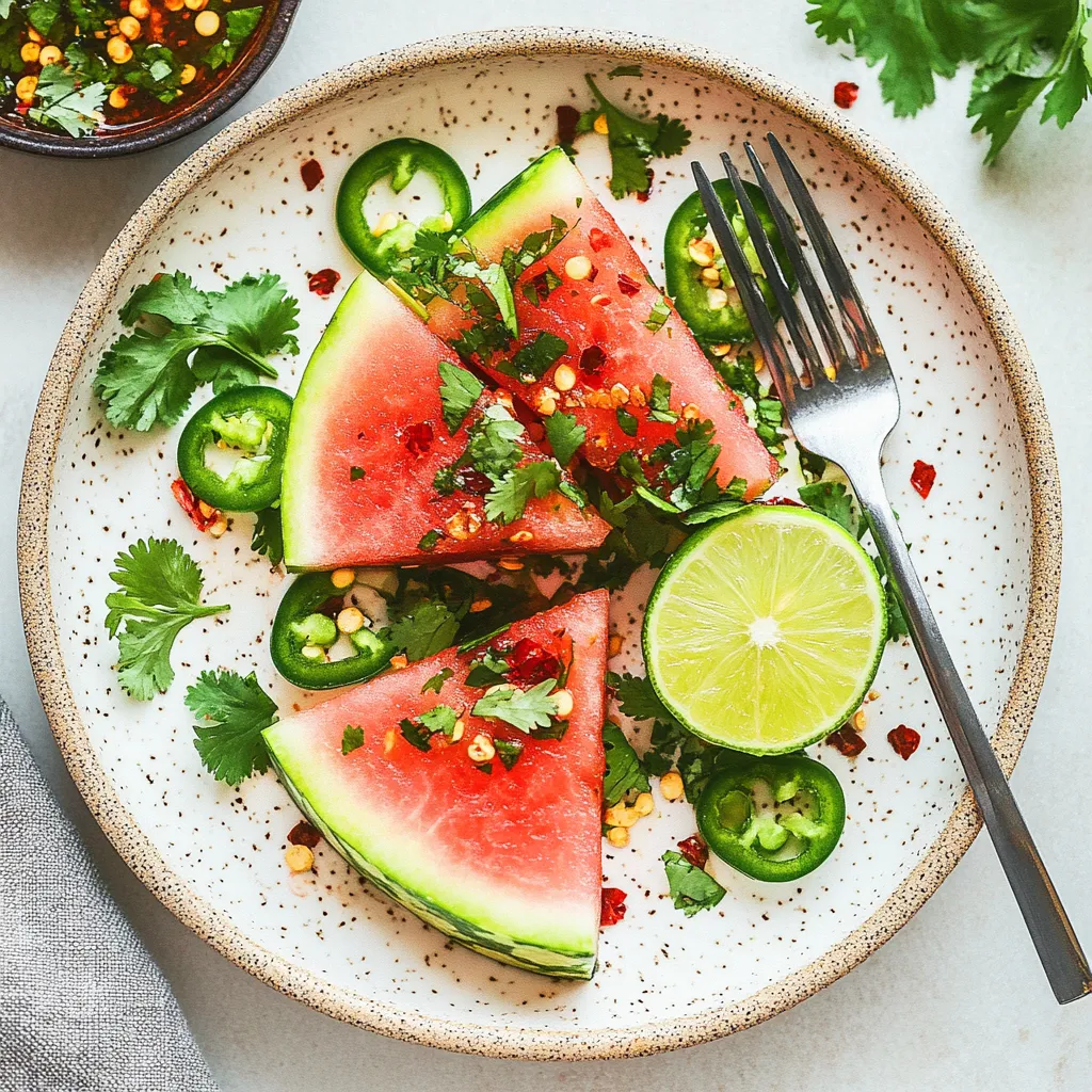 Scheibe Wassermelone mit Jalapeños und Limette.