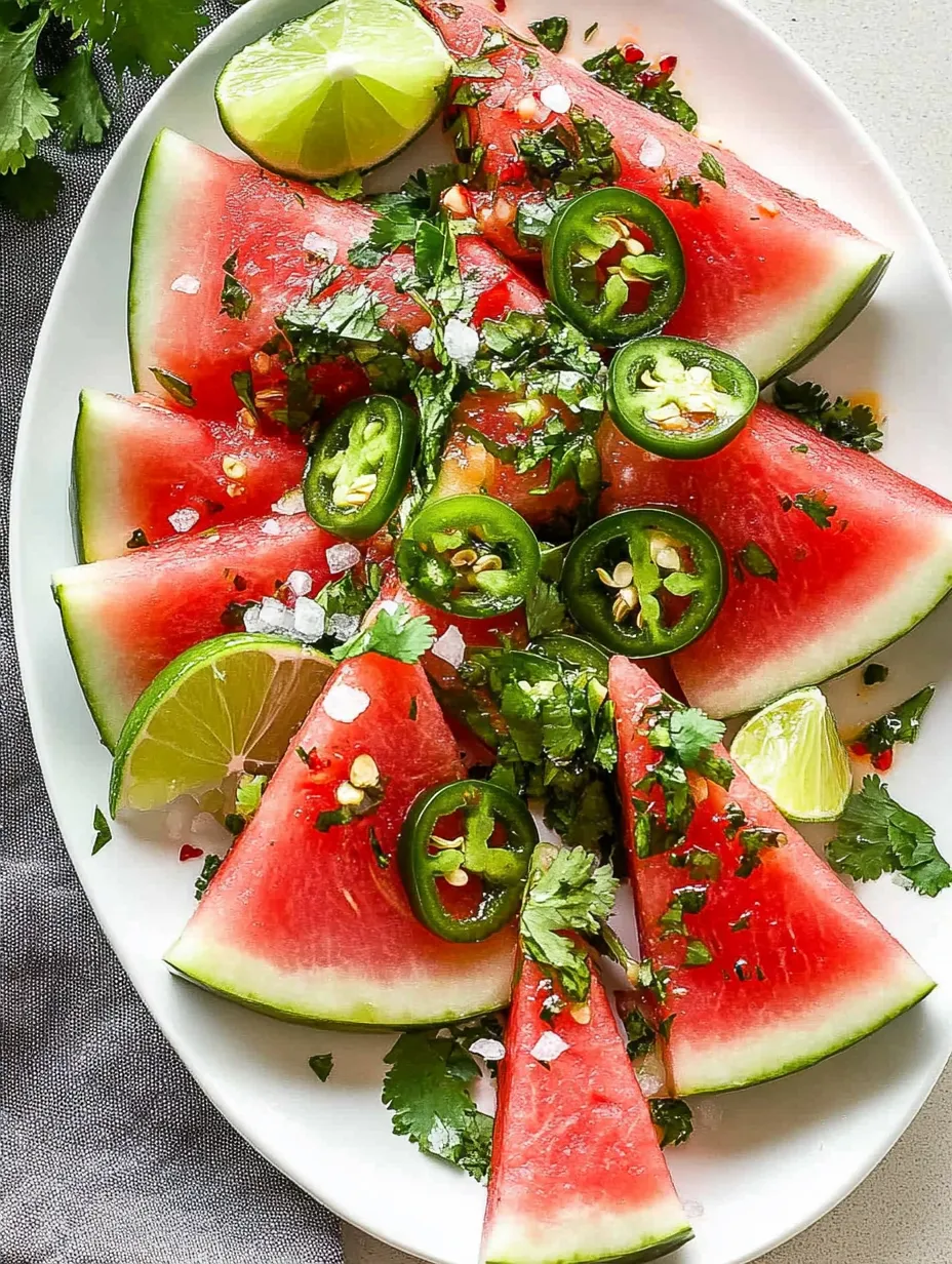 Scheiben Wassermelone mit Jalapeños oben drauf auf einem Teller.