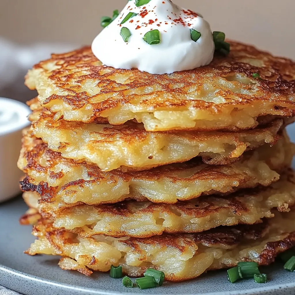 Ein Stapel Kartoffelpuffer mit weißem Dip und frischem Frühlingszwiebel obendrauf.