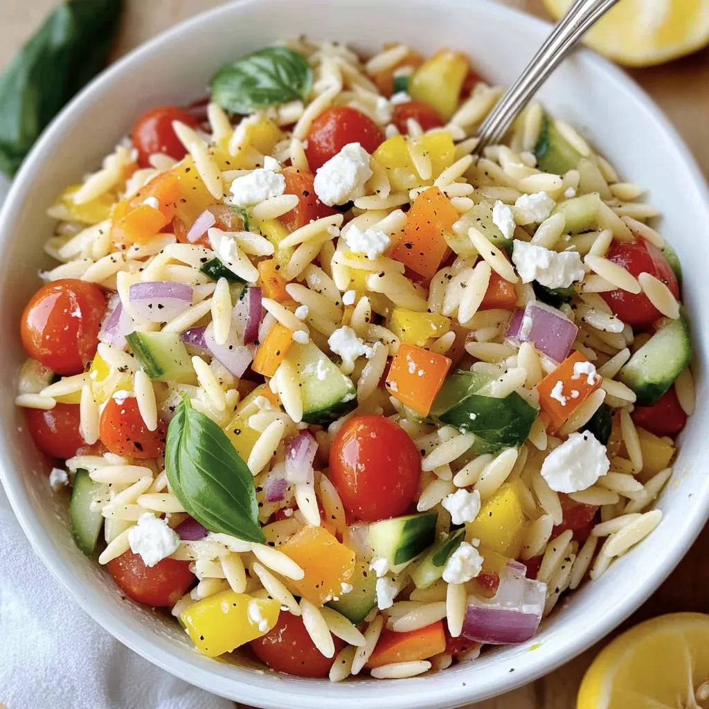 Eine Schale Nudelsalat mit Tomaten, Gurken und Feta.