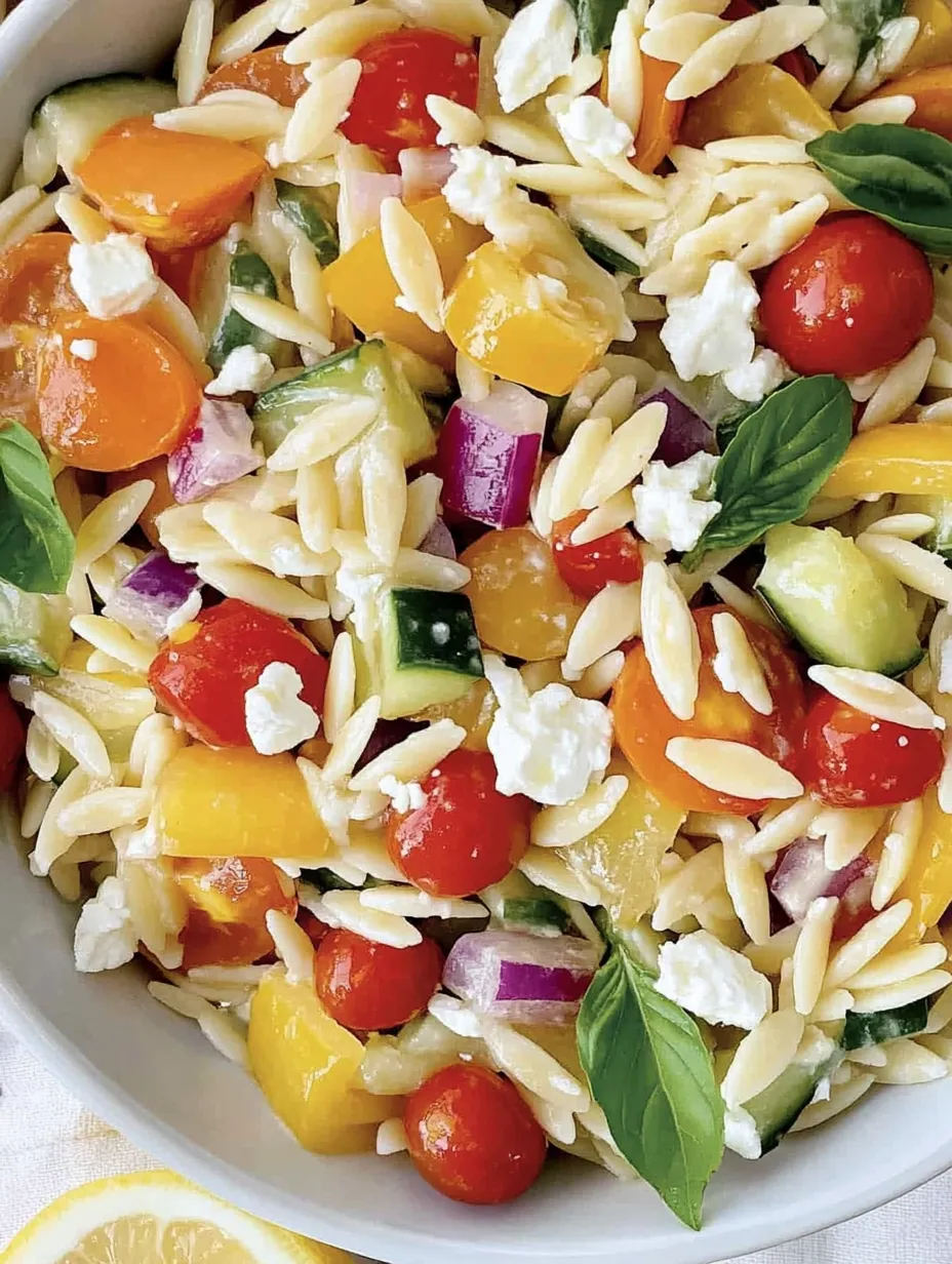 Ein Schüssel Nudelsalat mit Tomaten, Gurken und Feta.