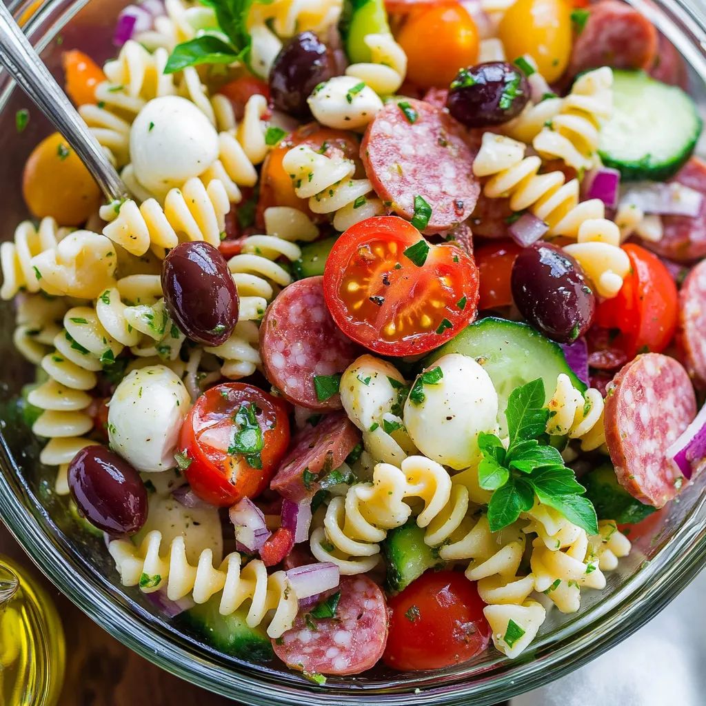 Eine Schale Nudeln mit Tomaten, Oliven und Wurst.
