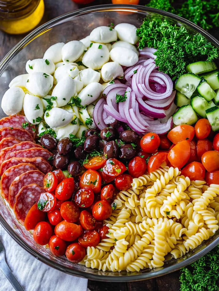 Schale mit Tomaten, Zwiebeln, Gurken und Nudeln.