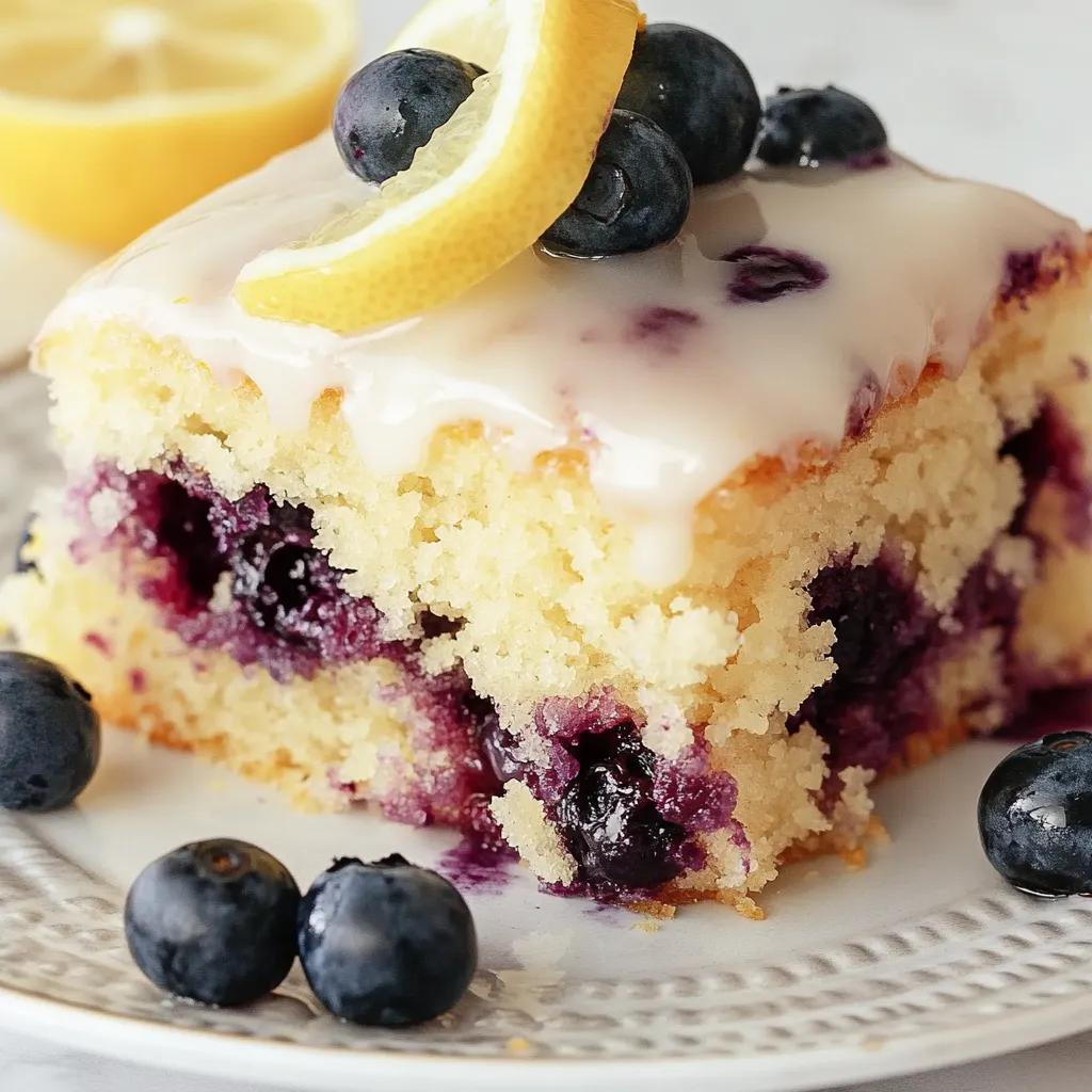 Ein Stück Kuchen mit Zitrone und Blaubeeren obendrauf.
