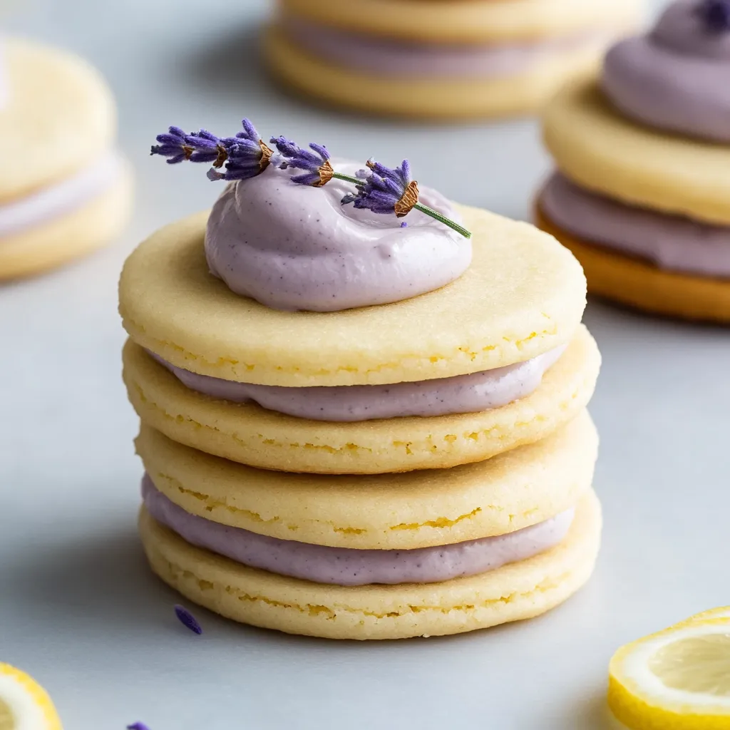 Ein Turm aus Keksen mit lila Creme und Lavendelstreuseln.