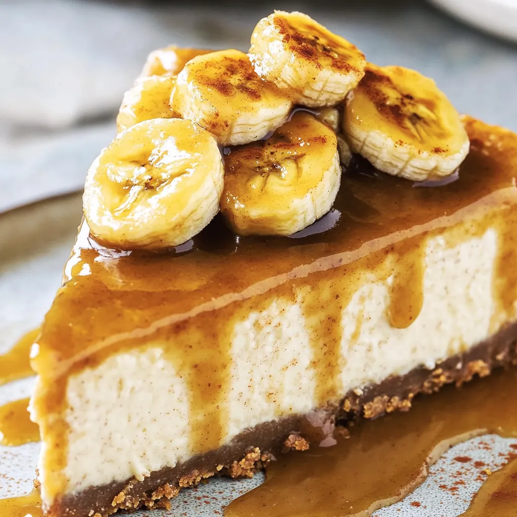 Ein Stück Käsekuchen mit Bananen als Topping.