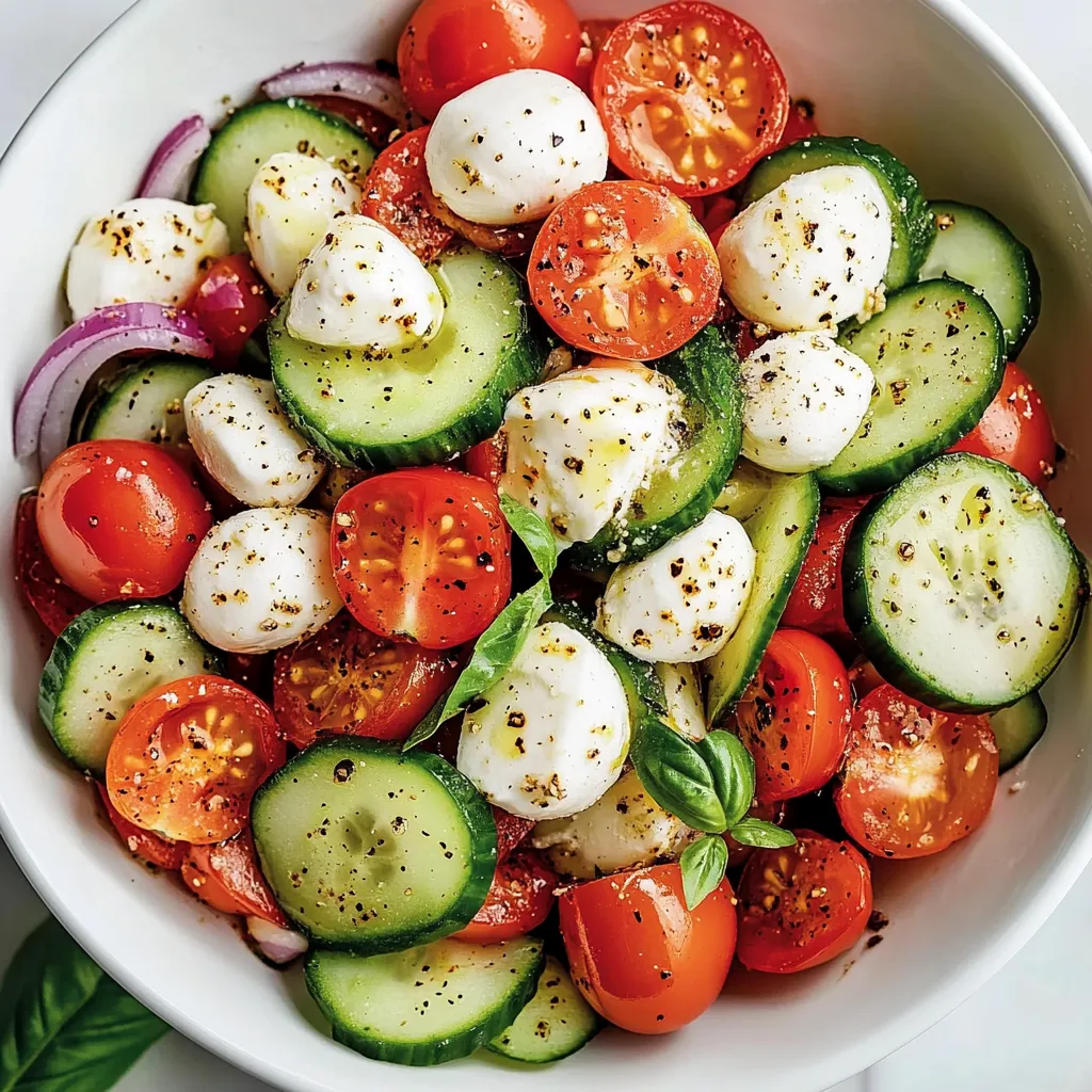 Eine Schüssel mit Gemüse wie Tomaten, Gurken und Käse.