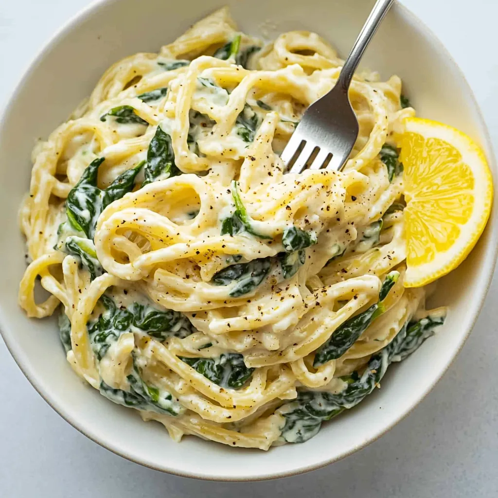 Ein tiefer Teller Pasta mit Gabel und einer Zitronenscheibe obendrauf.