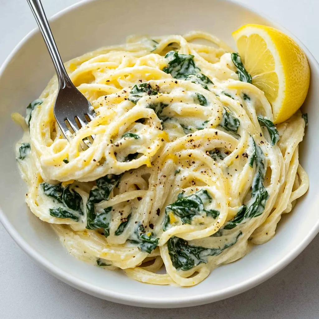 Eine Schüssel Pasta mit Spinat und Zitrone.