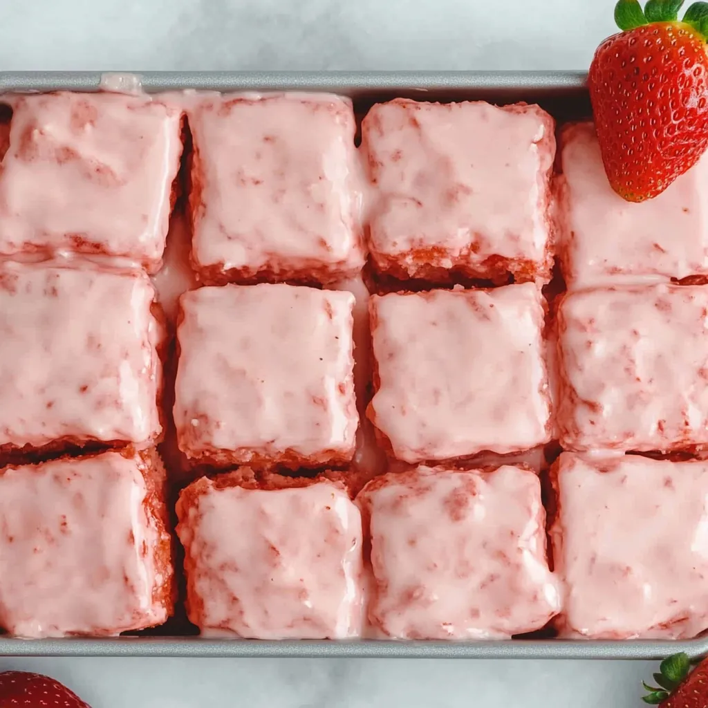 Eine Auflaufform mit rosa Kuchen und Erdbeeren obendrauf.