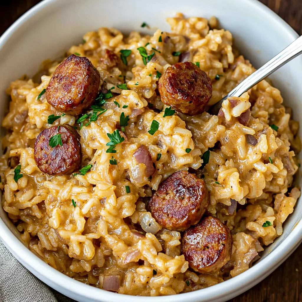 Eine Schüssel Reis mit Wurst und Zwiebeln.