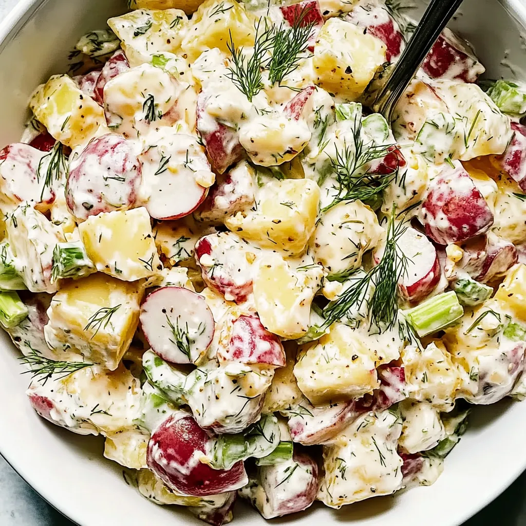 Eine Schüssel voller Kartoffelsalat mit Gabel.