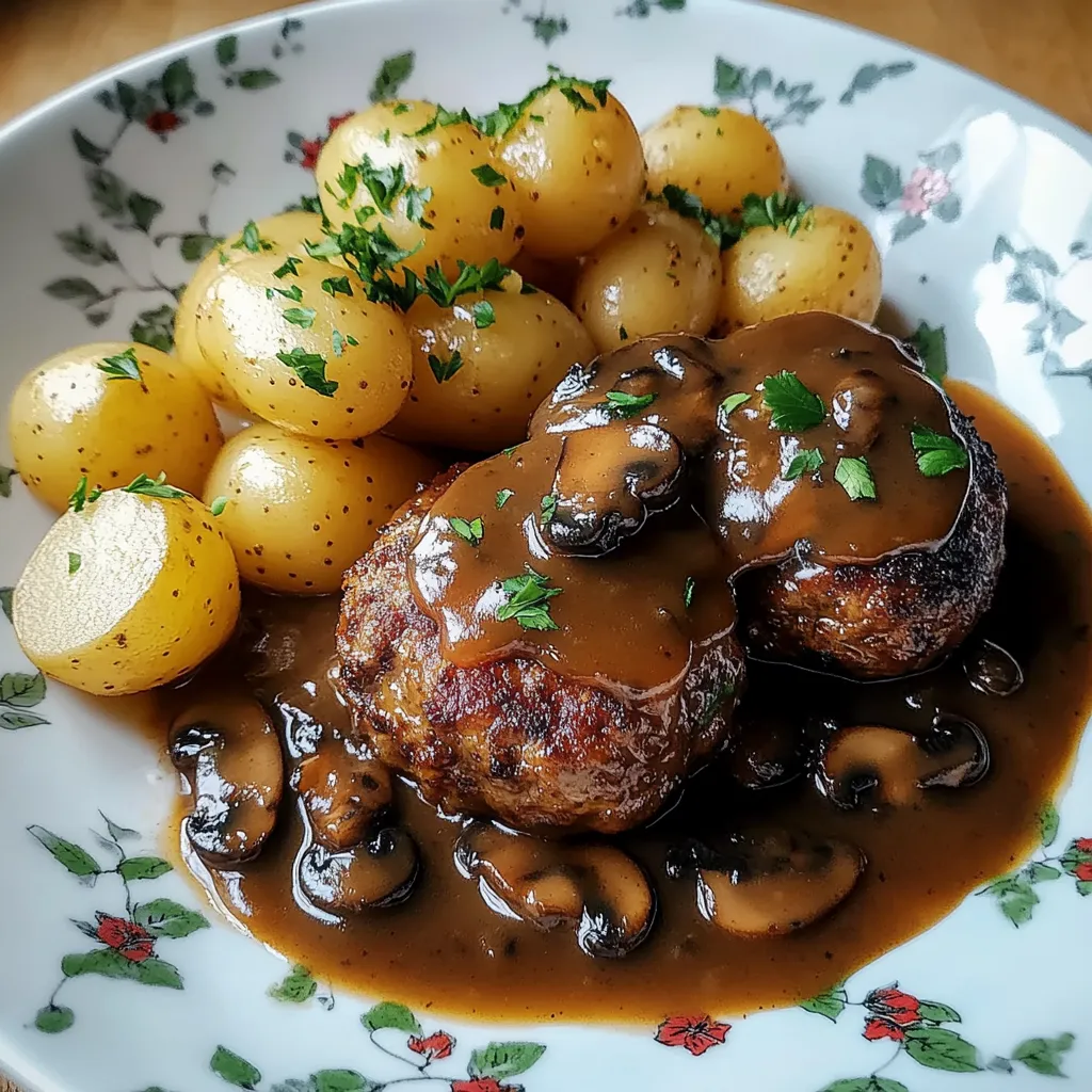 Weißer Teller mit Fleisch, Pilzen und Kartoffeln drauf.
