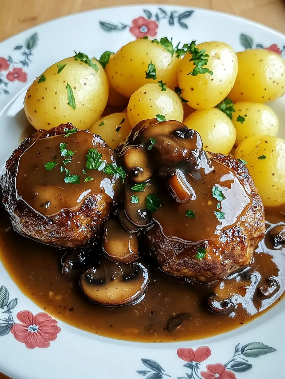 Ein Teller mit gebratenen Steaks, Soße und Zwiebeln oben drauf.