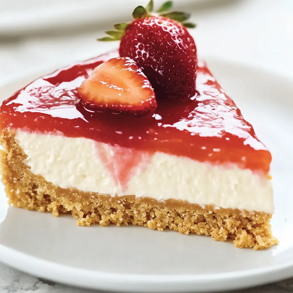 Erdbeersoße zieht sich über ein Stück cremigen Kuchen auf weißem Teller.