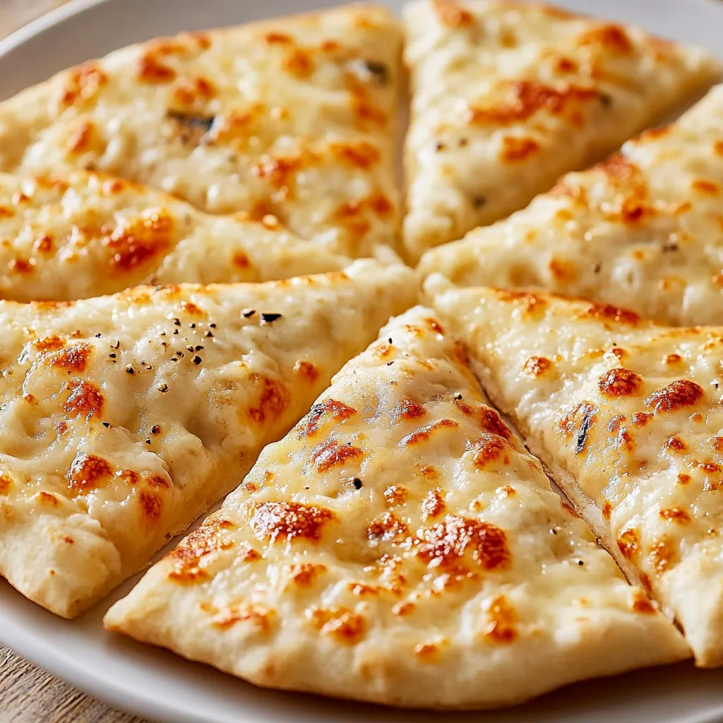 Auf einer Platte liegt ein Fladen, in vier Stücke geteilt wie Pizza.
